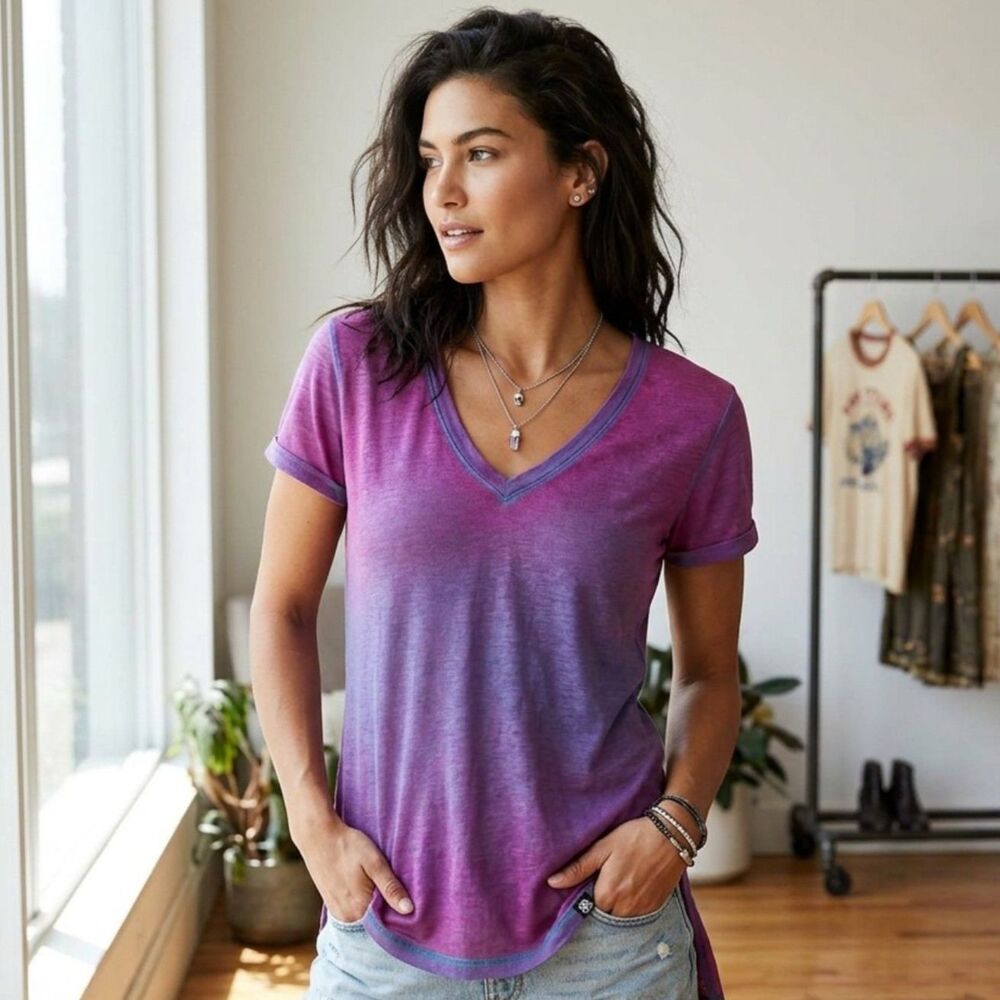 Rock & Republic Womens Burnout V Neck T Shirt Purple Blue Hi-Low Hem Tee Size M